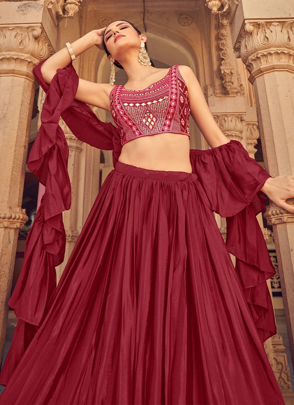 Lehenga Choli Chinon Maroon Plain Lehenga Choli