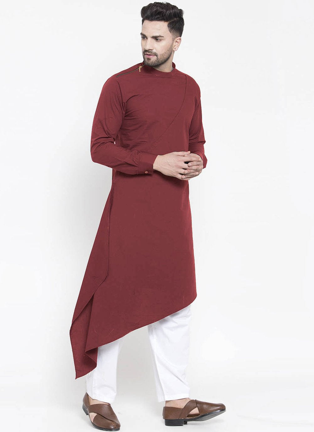 Kurta Blended Cotton Maroon Plain Mens