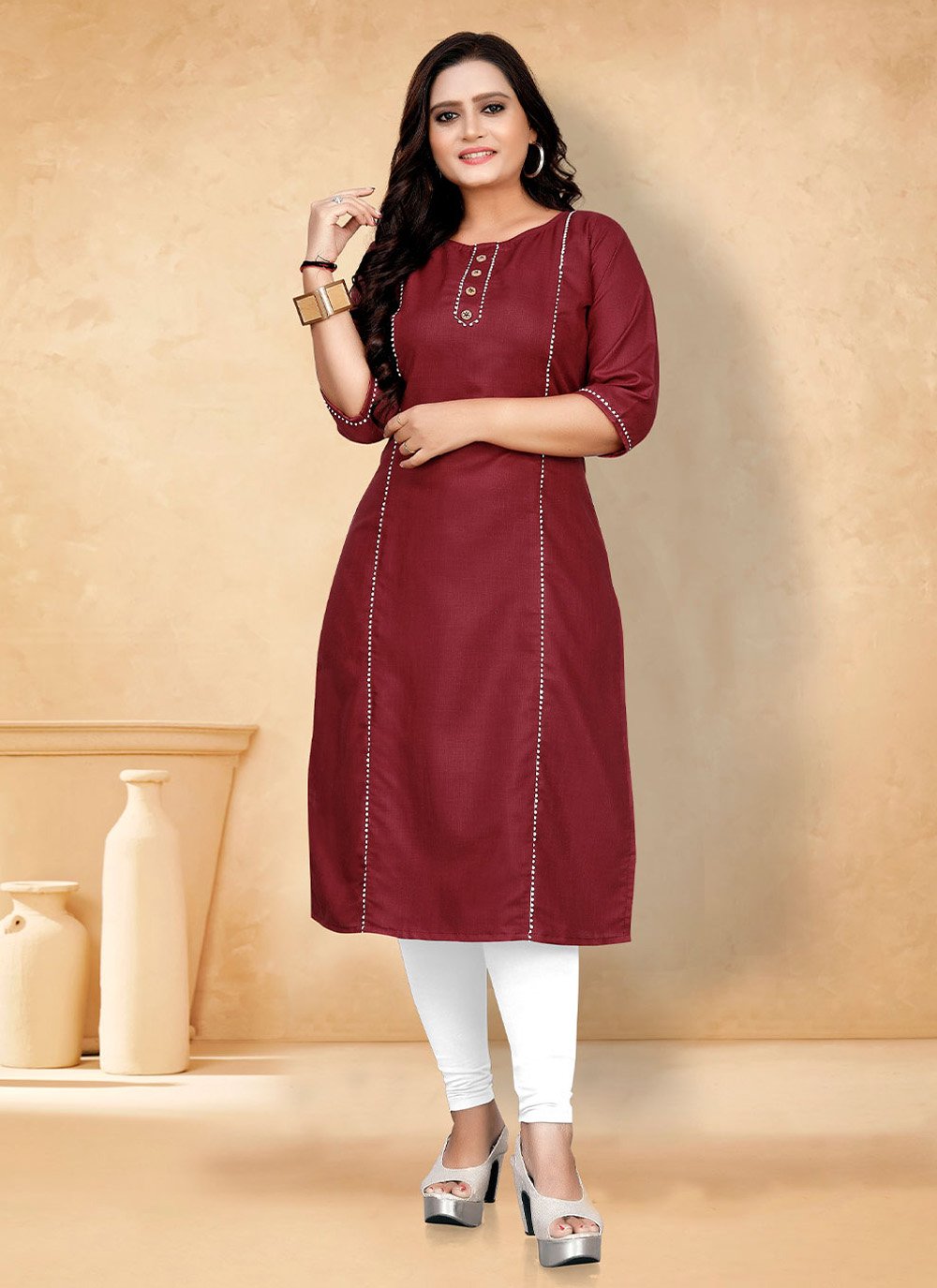 Party Wear Kurti Cotton Maroon Plain Kurtis