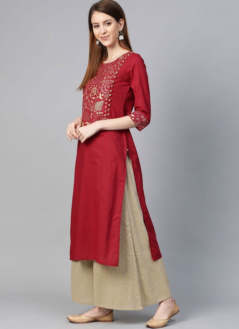 Casual Kurti Poly Cotton Maroon Print Kurtis