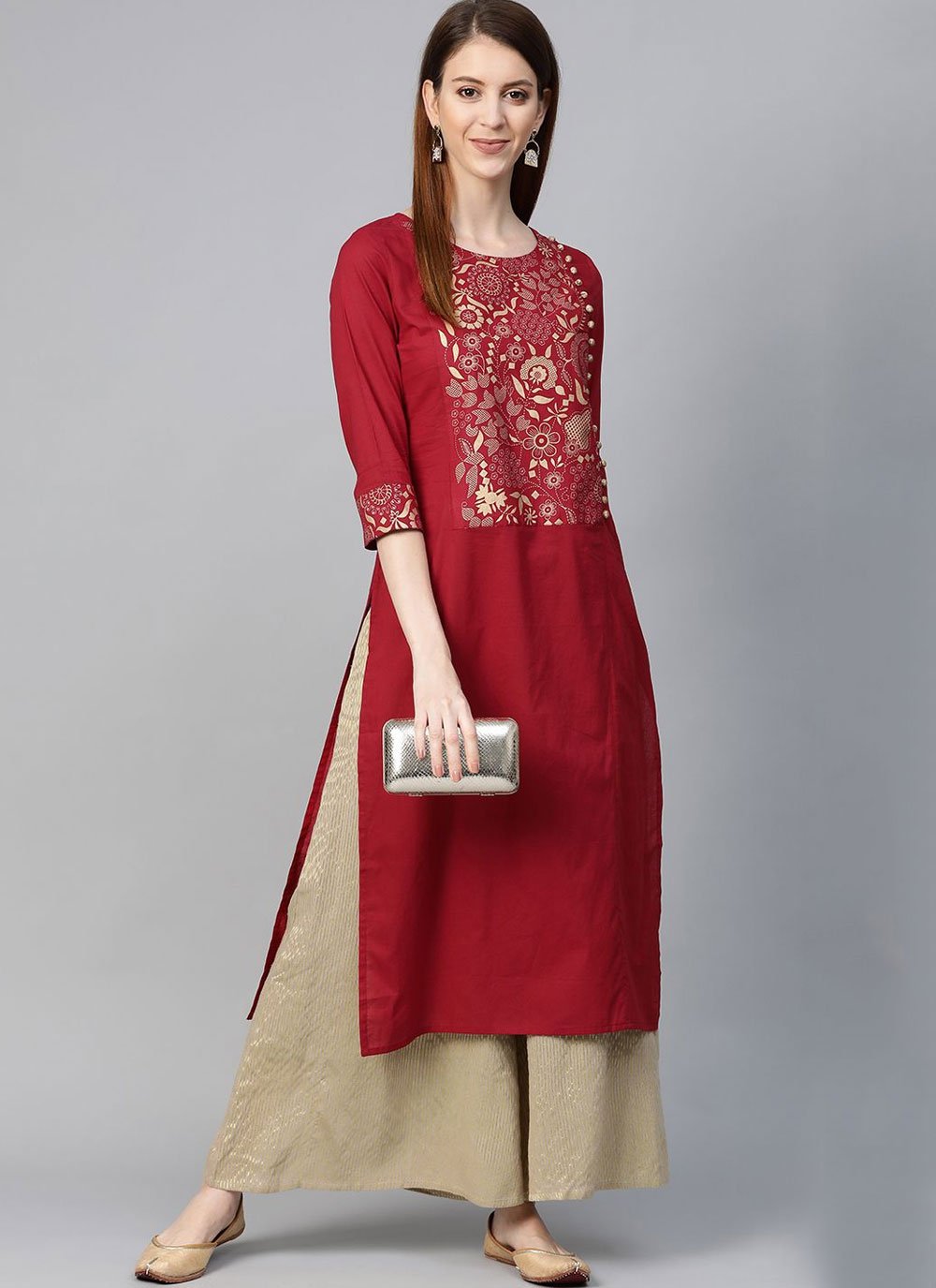 Casual Kurti Poly Cotton Maroon Print Kurtis