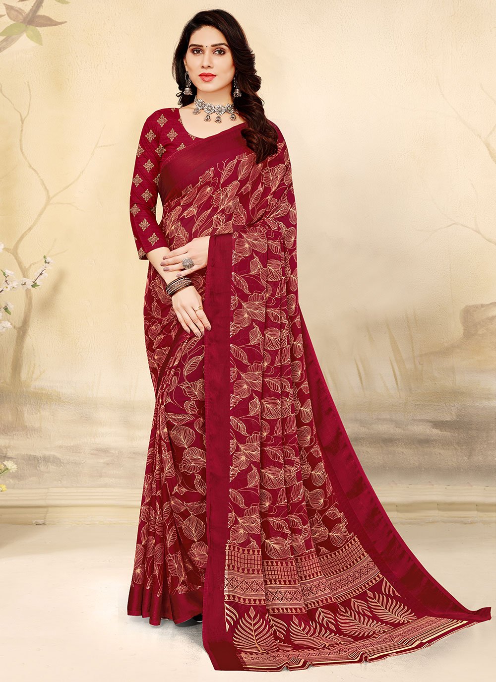 Classic Chiffon Maroon Print Saree