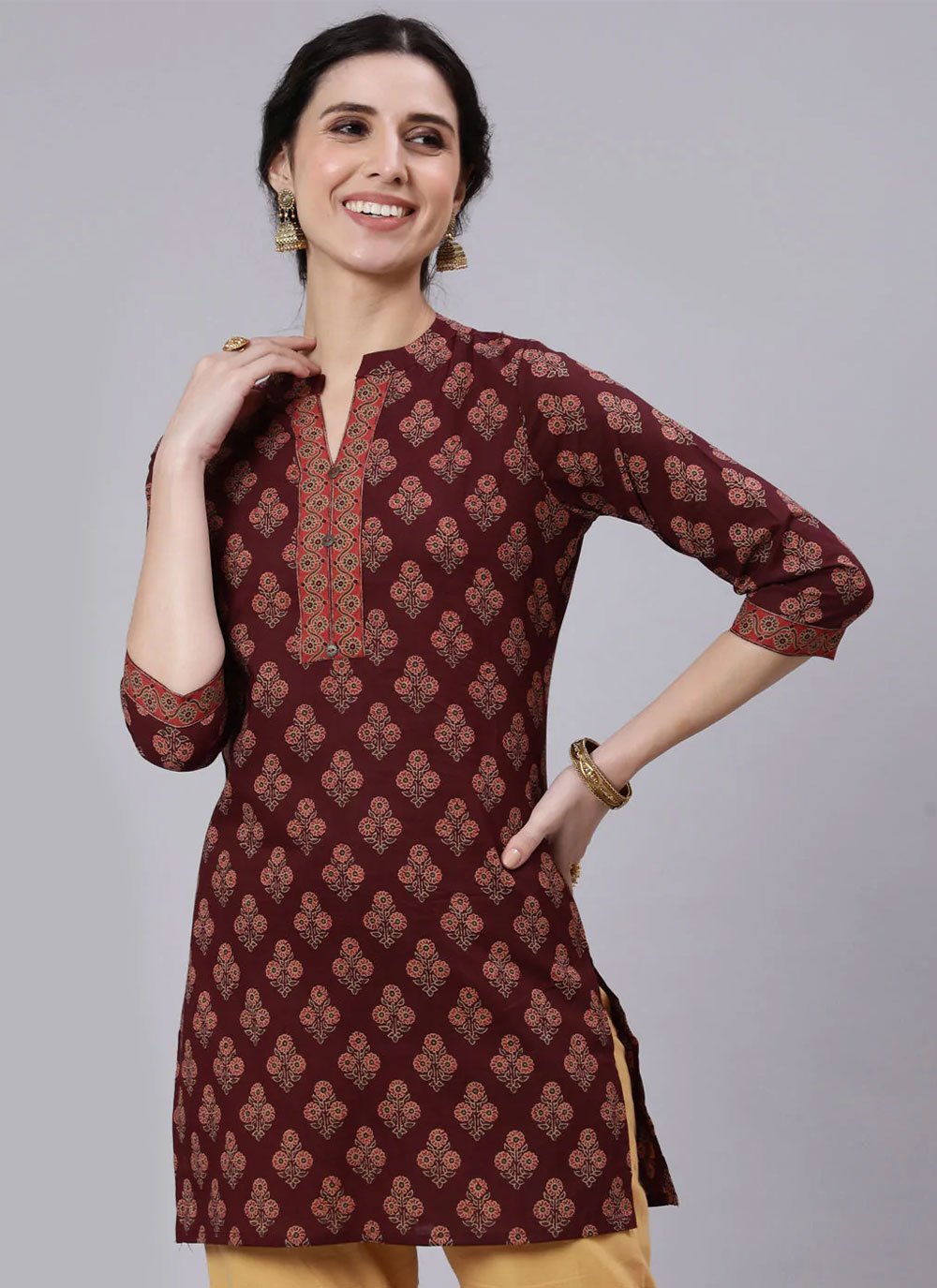 Casual Kurti Cotton Maroon Print Kurtis