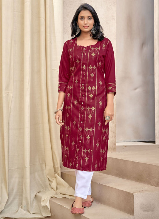 Casual Kurti Cotton Maroon Print Kurtis