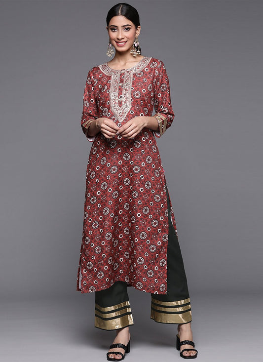 Designer Kurti Silk Blend Maroon Embroidered Kurtis