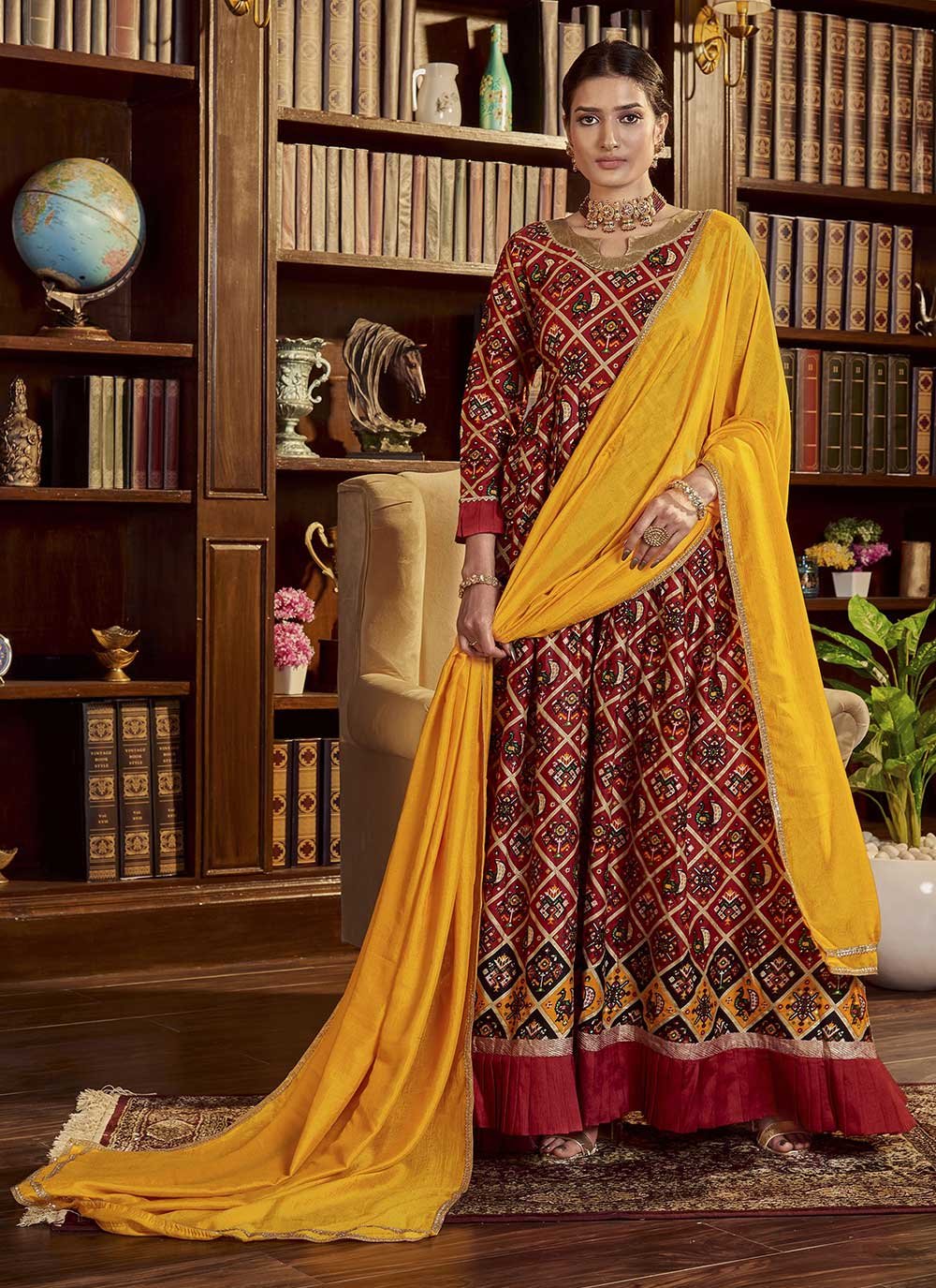 Designer Gown Cotton Maroon Print Gown