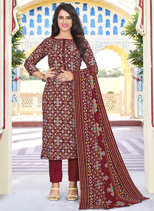 Salwar Suit Pashmina Maroon Print Salwar Kameez