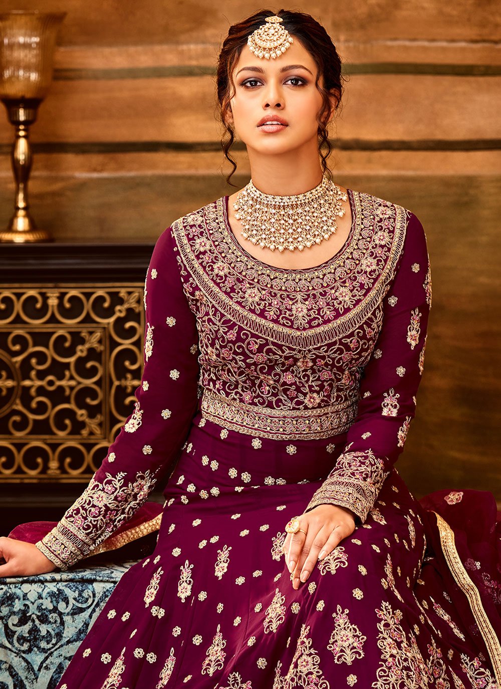 Anarkali Suit Pure Georgette Maroon Embroidered Salwar Kameez