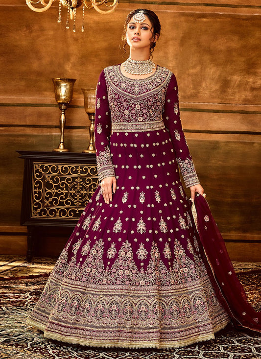 Anarkali Suit Pure Georgette Maroon Embroidered Salwar Kameez