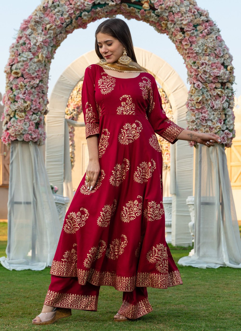 Palazzo Salwar Suit Rayon Maroon Lace Salwar Kameez