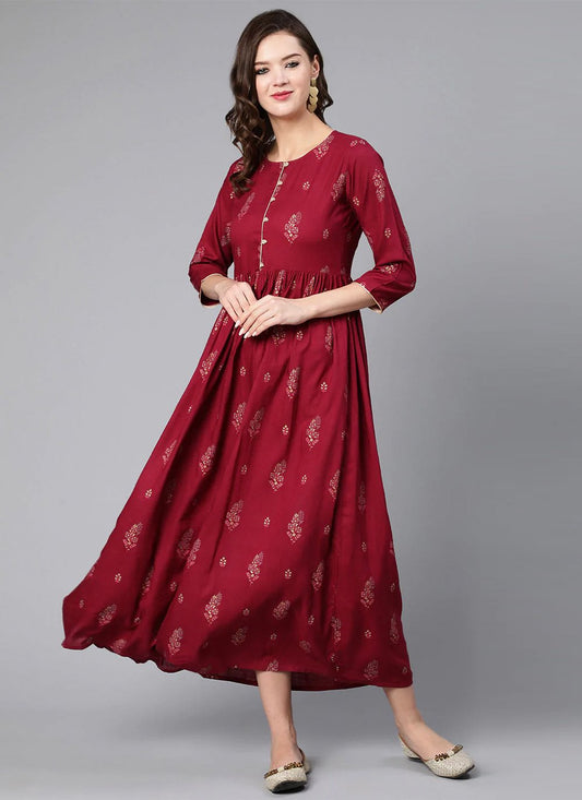 Casual Kurti Rayon Viscose Maroon Print Kurtis