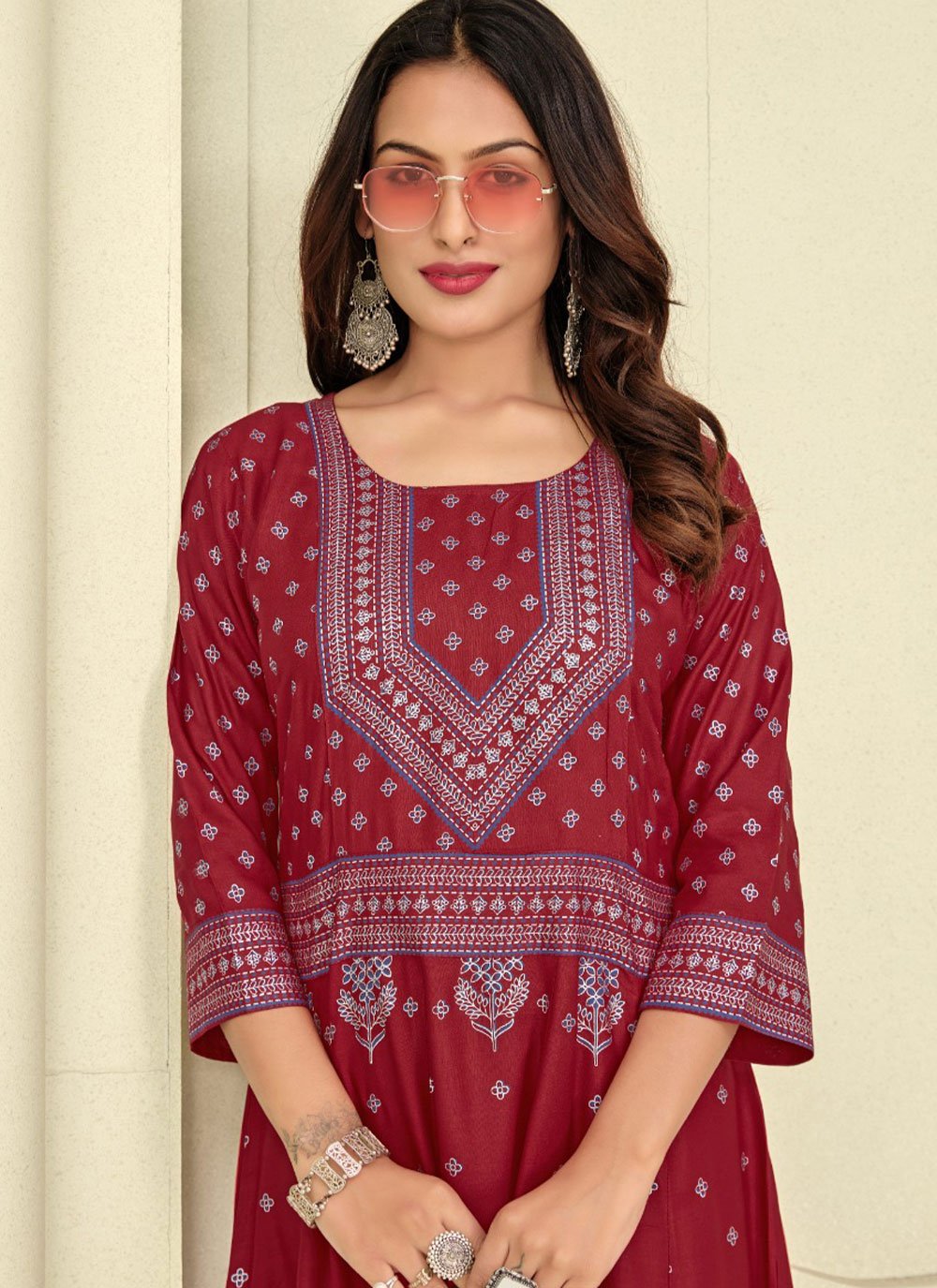 Party Wear Kurti Rayon Maroon Foil Print Kurtis