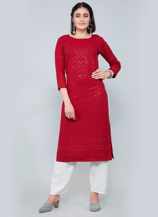 Party Wear Kurti Rayon Maroon Chikankari Work Kurtis