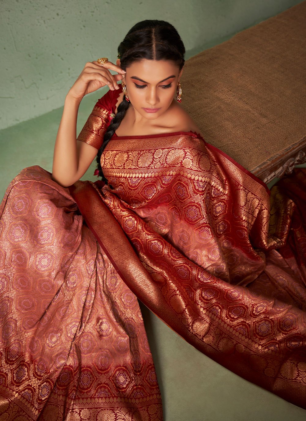 Bandhani Saree Raw Silk Maroon Weaving Saree