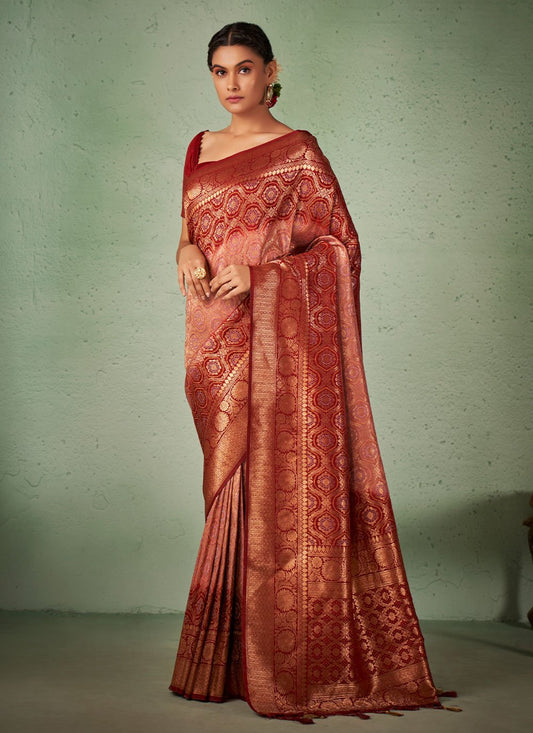 Bandhani Saree Raw Silk Maroon Weaving Saree