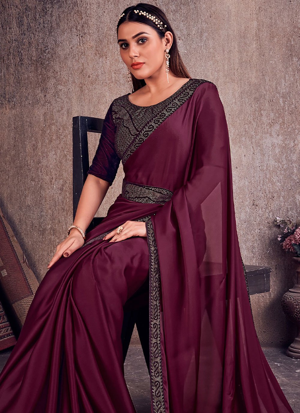 Classic Georgette Satin Maroon Lace Saree