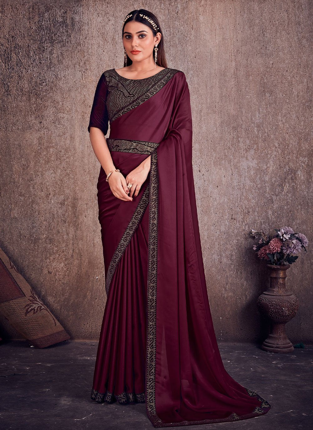 Classic Georgette Satin Maroon Lace Saree