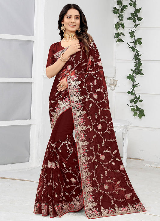 Traditional Saree Net Maroon Embroidered Saree