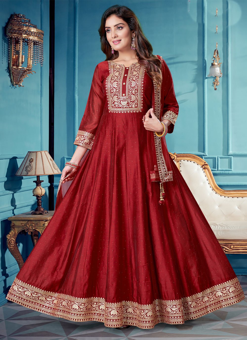 Salwar Suit Silk Maroon Embroidered Salwar Kameez