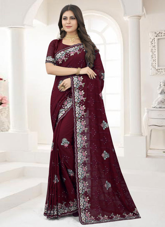 Trendy Saree Georgette Maroon Embroidered Saree