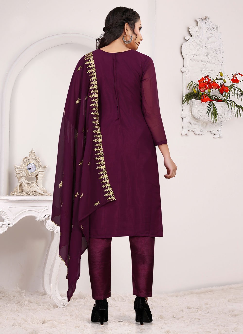 Salwar Suit Faux Georgette Maroon Embroidered Salwar Kameez