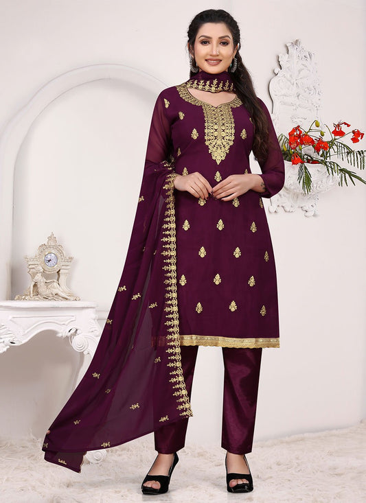 Salwar Suit Faux Georgette Maroon Embroidered Salwar Kameez