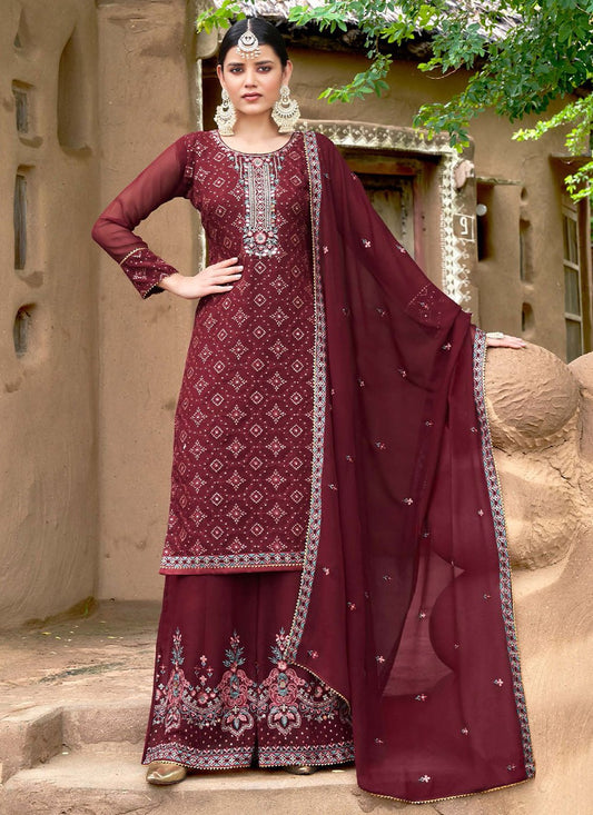 Salwar Suit Georgette Maroon Embroidered Salwar Kameez