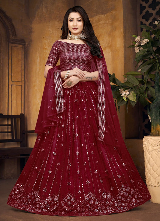 Lehenga Choli Net Maroon Embroidered Lehenga Choli