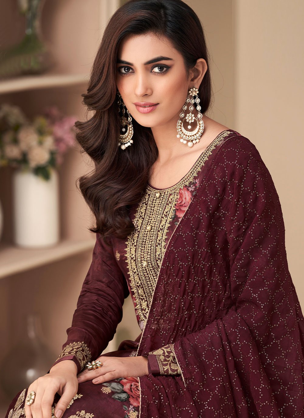 Pakistani Salwar Suit Jacquard Silk Maroon Digital Print Salwar Kameez
