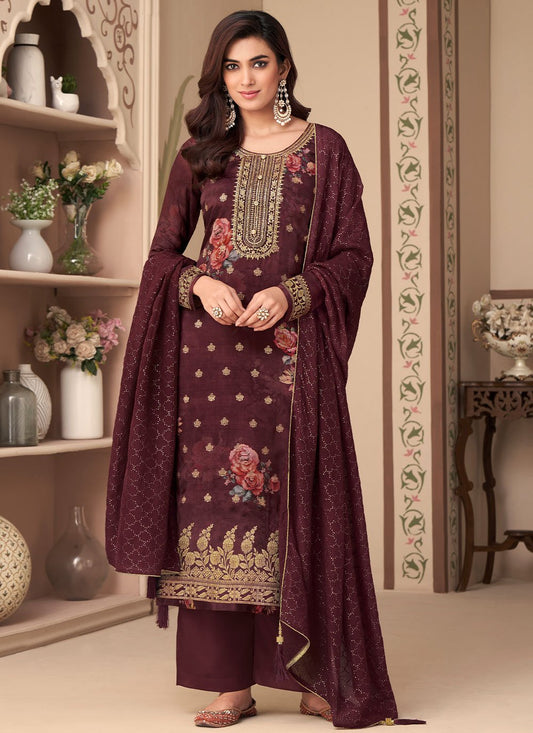 Pakistani Salwar Suit Jacquard Silk Maroon Digital Print Salwar Kameez