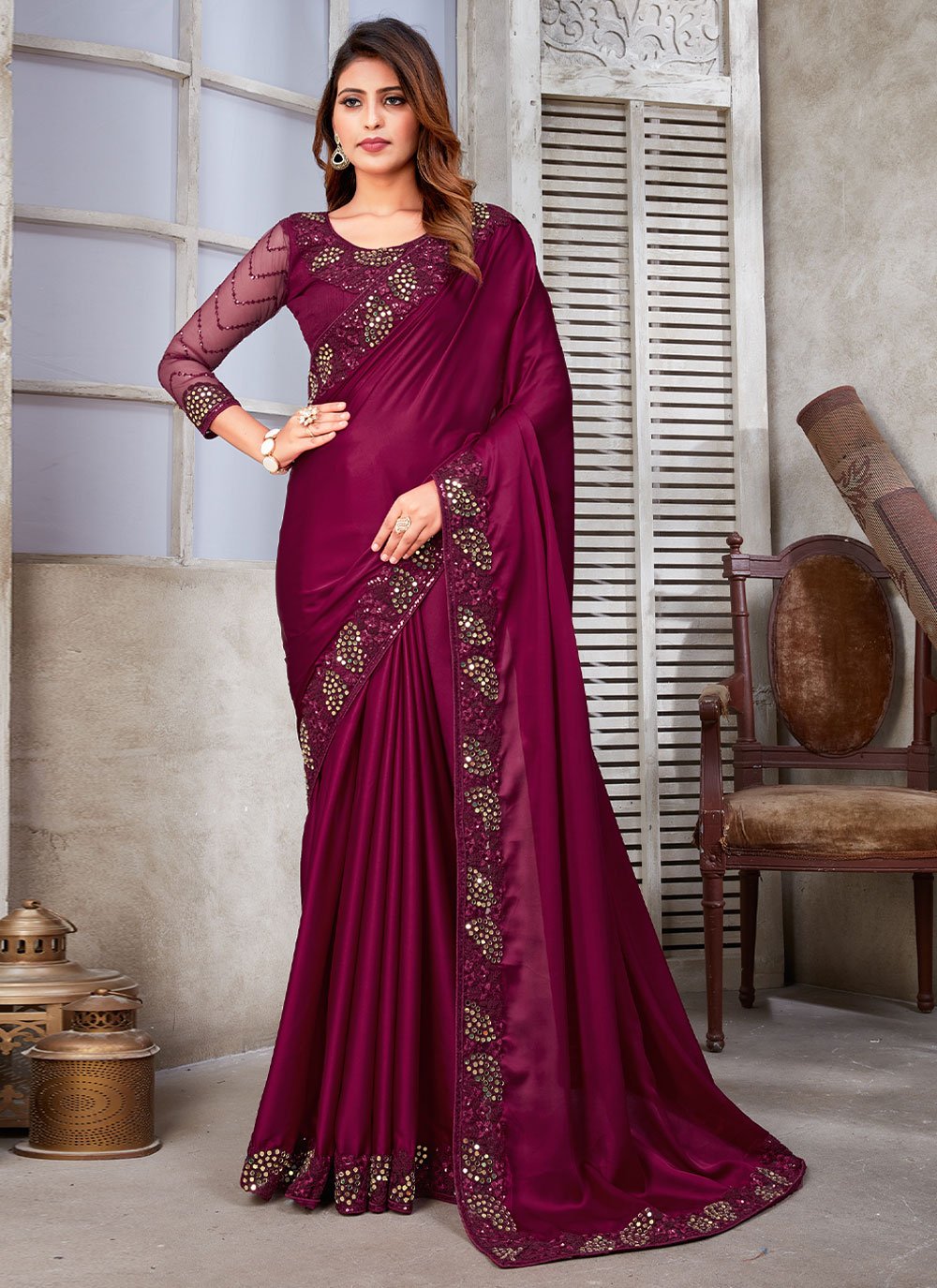 Classic Satin Silk Maroon Cord Work Saree