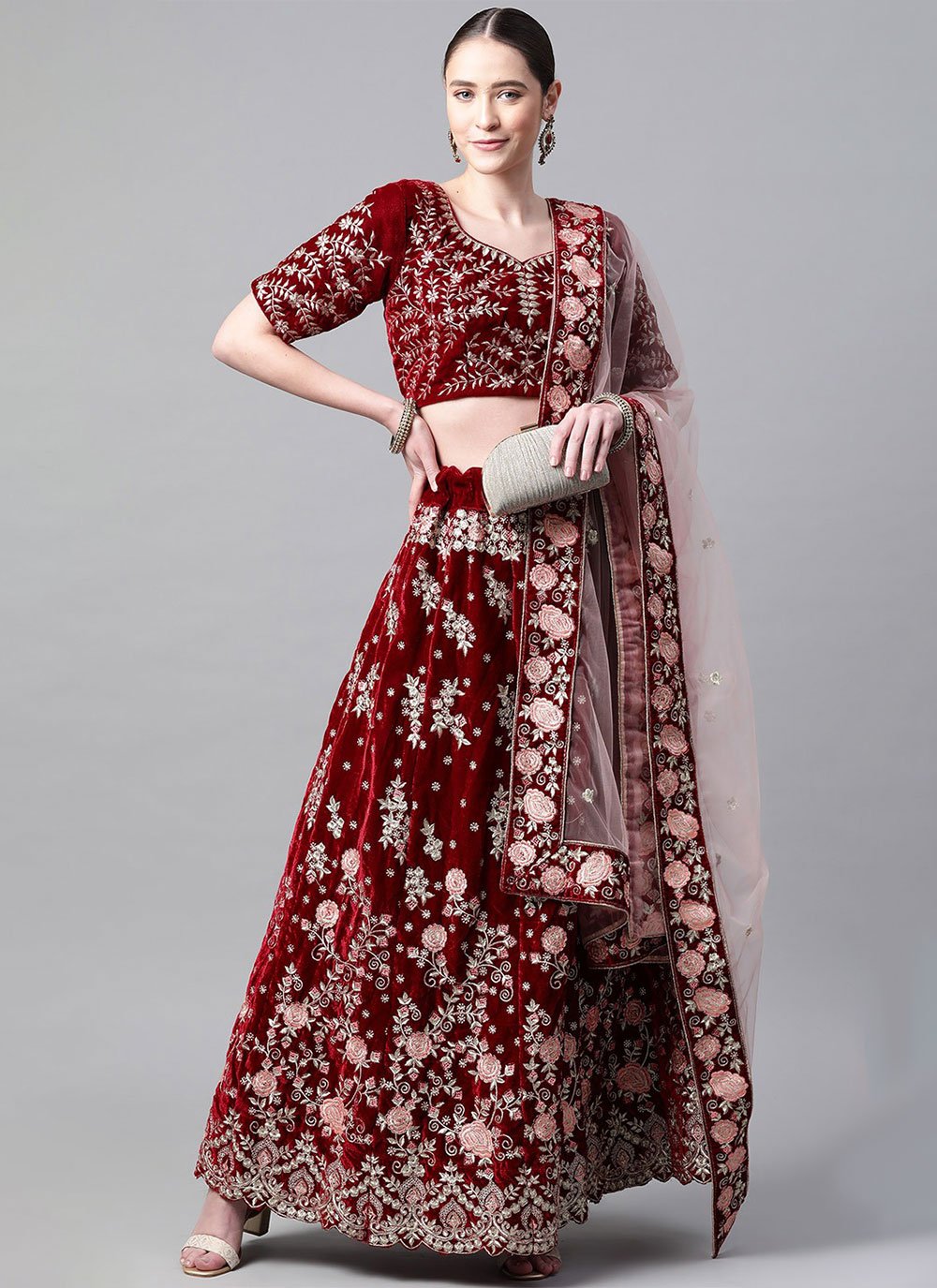 Lehenga Choli Velvet Maroon Embroidered Lehenga Choli