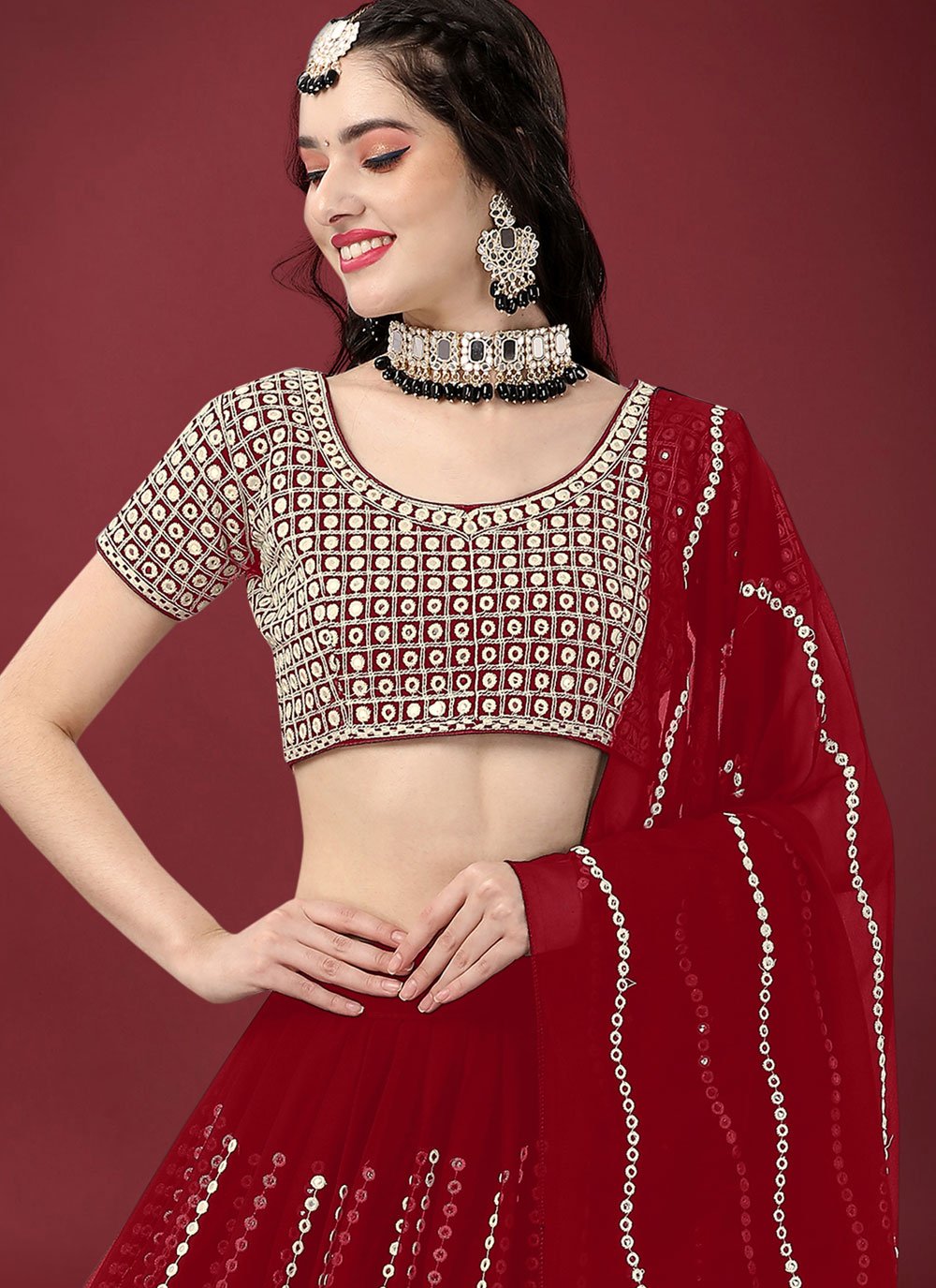 Lehenga Choli Faux Georgette Maroon Embroidered Lehenga Choli