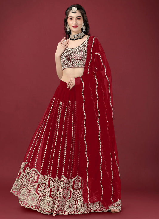 Lehenga Choli Faux Georgette Maroon Embroidered Lehenga Choli