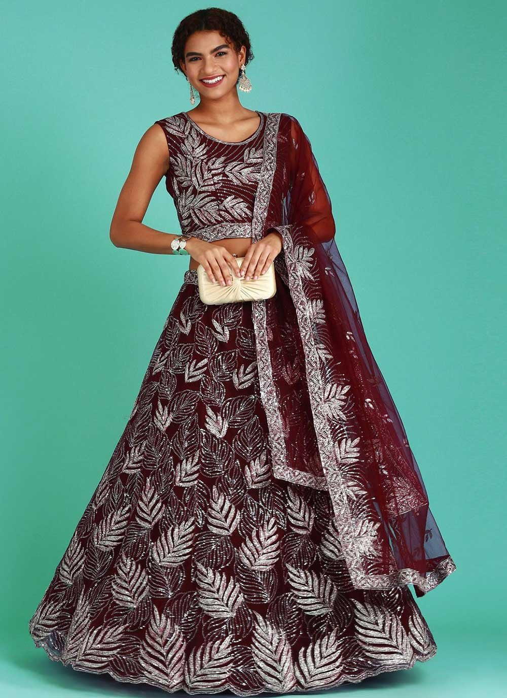 Lehenga Choli Net Maroon Embroidered Lehenga Choli