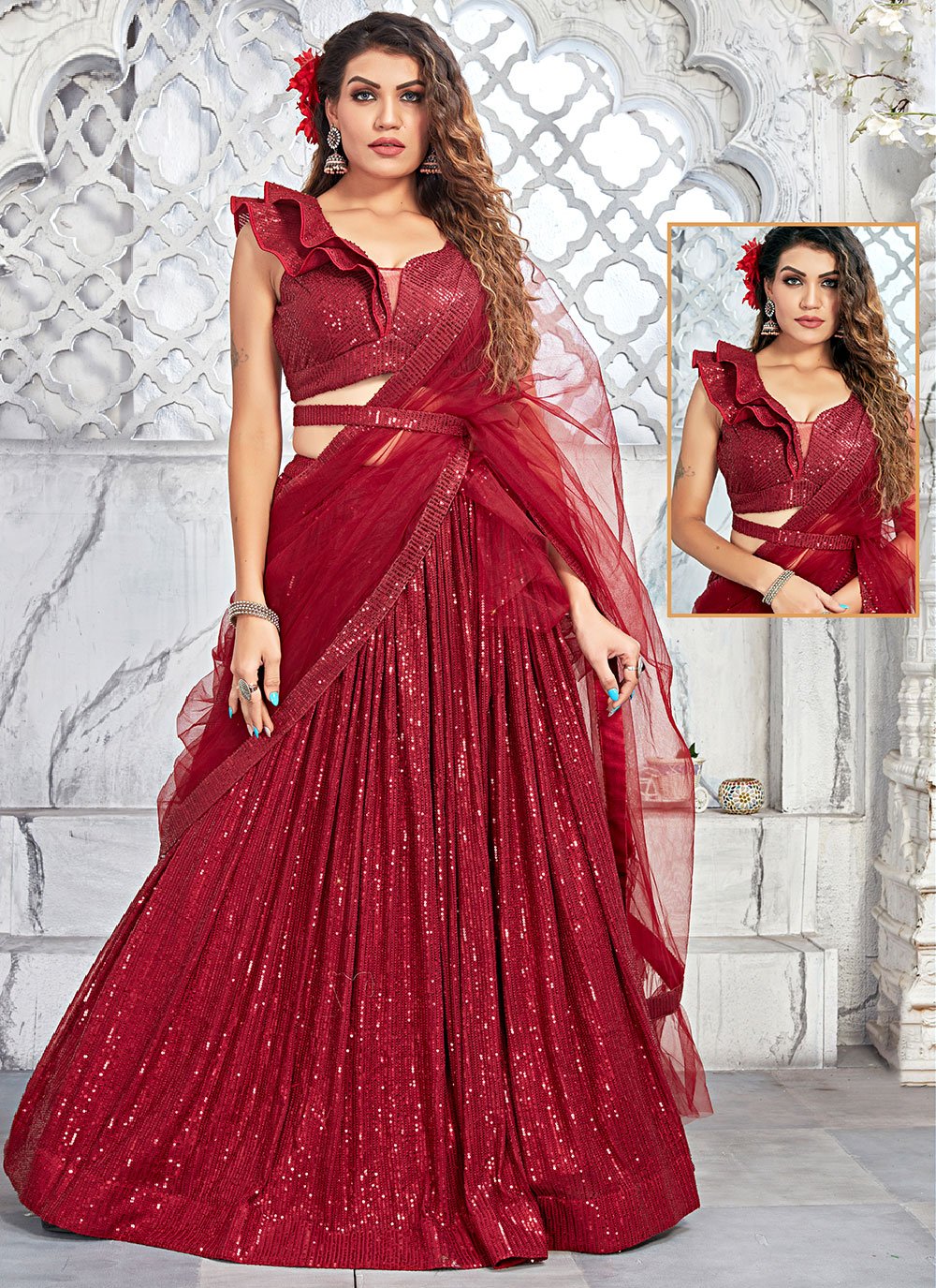 Lehenga Choli Net Maroon Cord Work Lehenga Choli