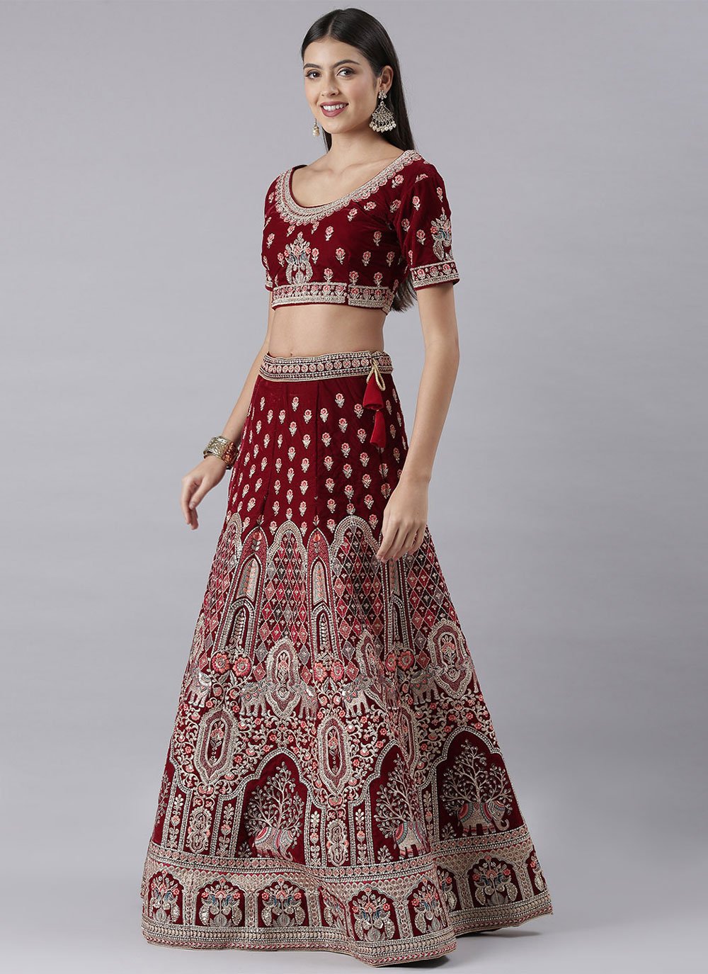 A Line Lehenga Silk Maroon Embroidered Lehenga Choli