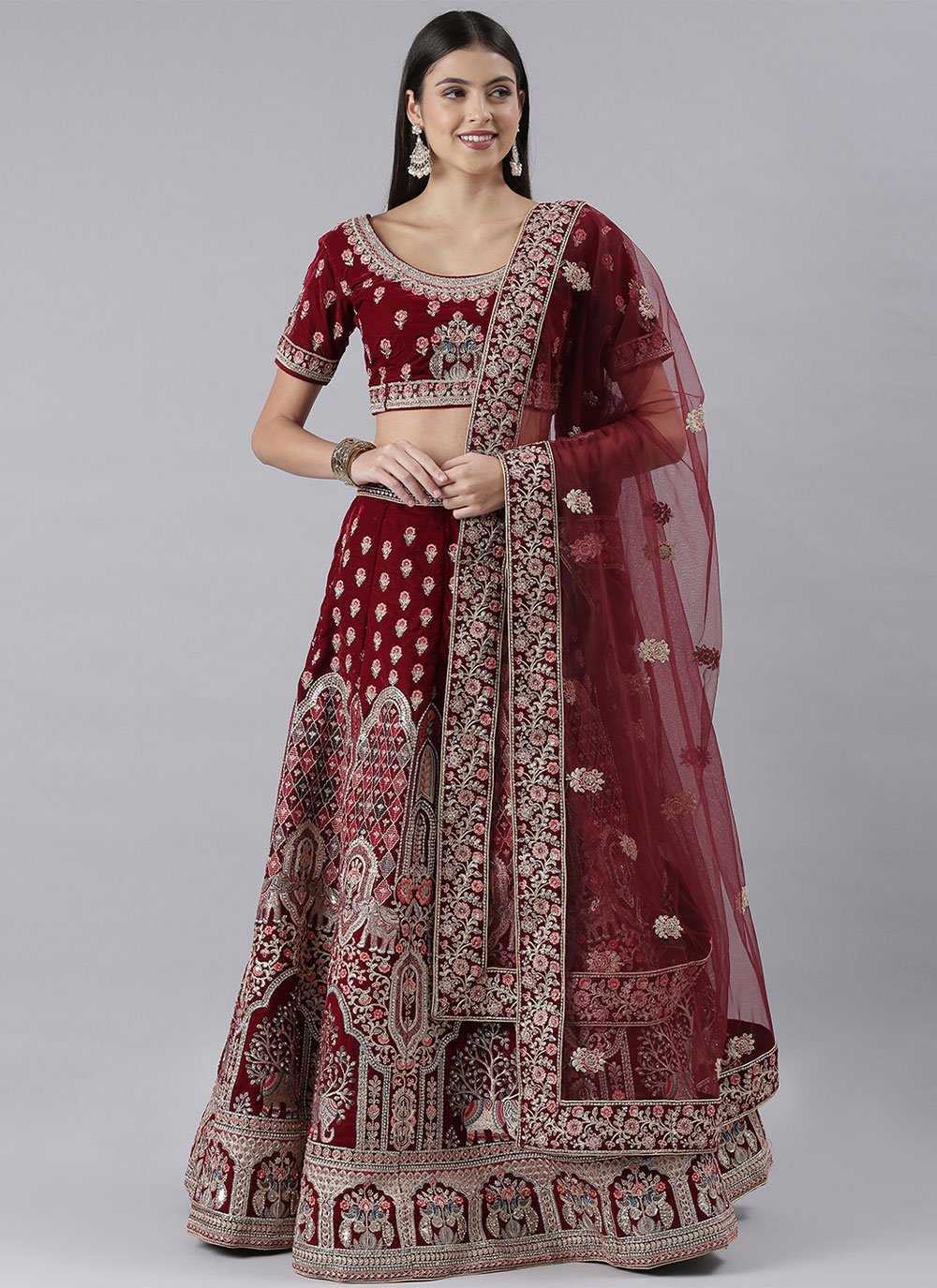 A Line Lehenga Silk Maroon Embroidered Lehenga Choli