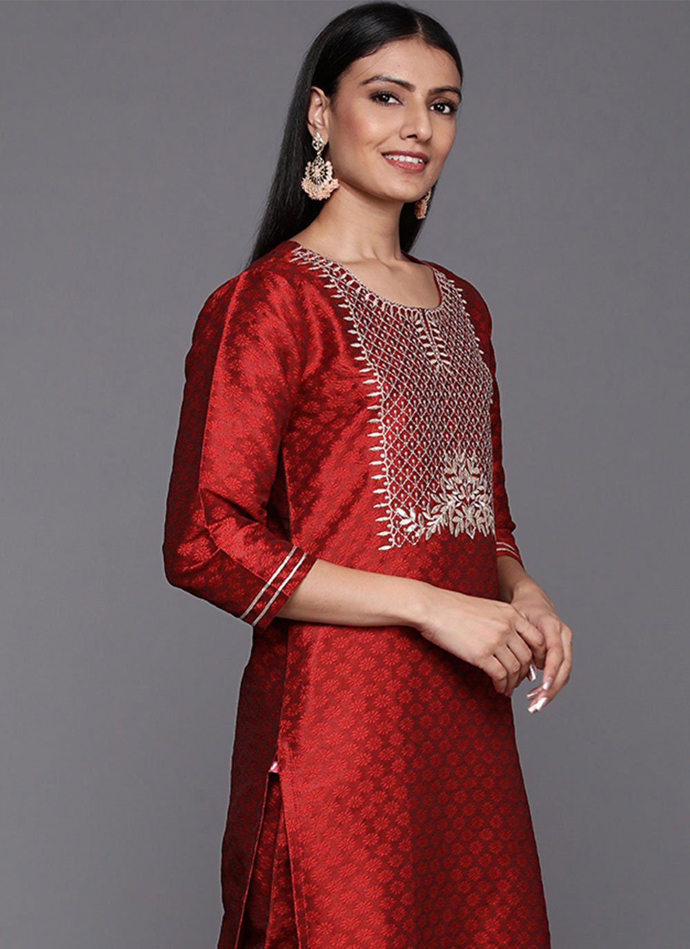 Salwar Suit Silk Blend Maroon Embroidered Salwar Kameez