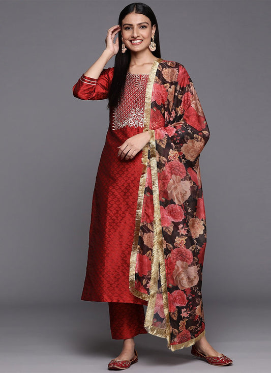 Salwar Suit Silk Blend Maroon Embroidered Salwar Kameez