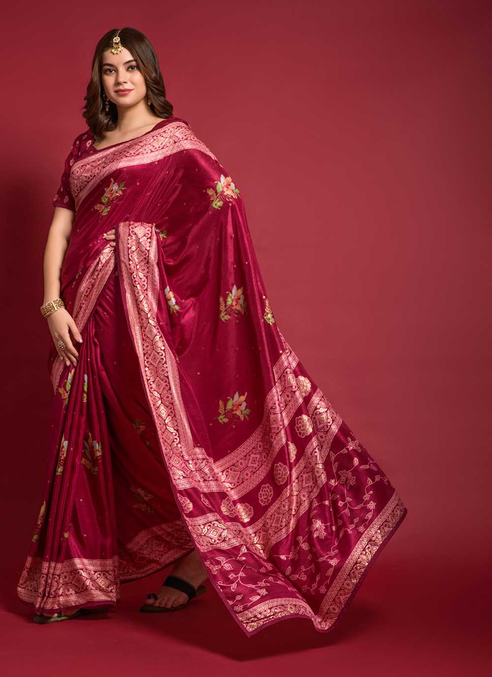 Casual Silk Maroon Foil Print Saree