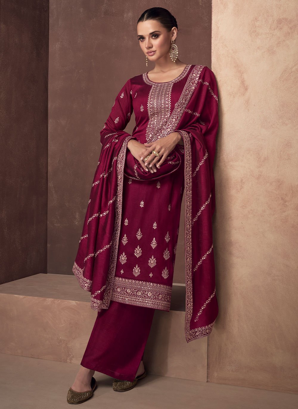 Salwar Suit Silk Maroon Embroidered Salwar Kameez