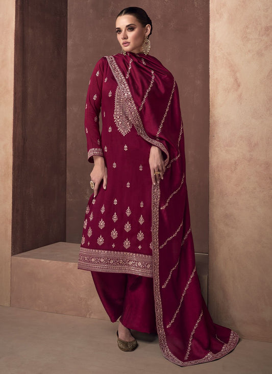 Salwar Suit Silk Maroon Embroidered Salwar Kameez