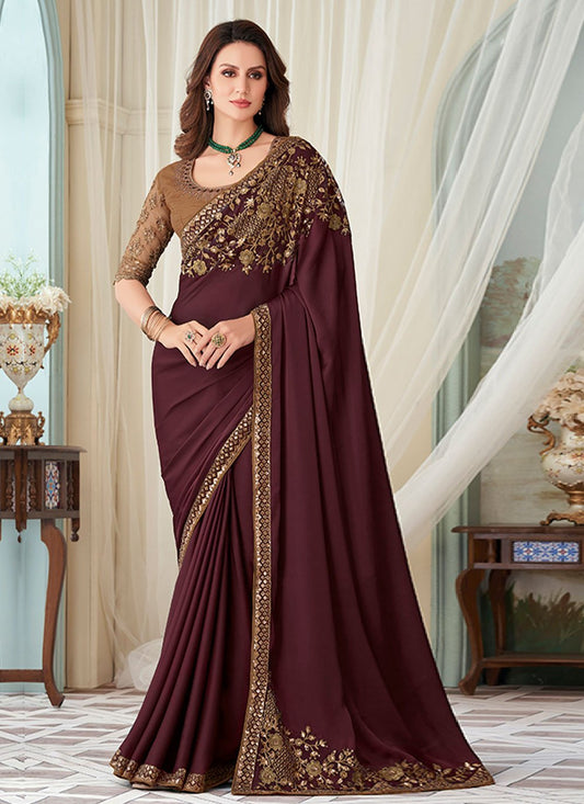 Classic Silk Maroon Embroidered Saree