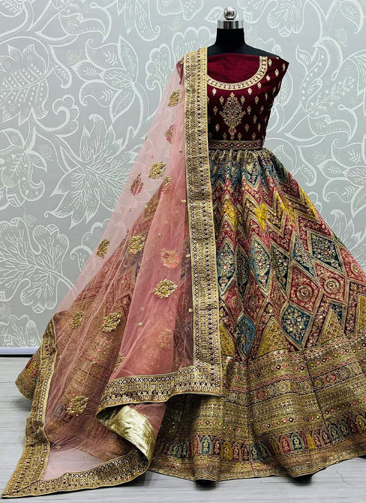 A Line Lehenga Silk Maroon Sequins Lehenga Choli