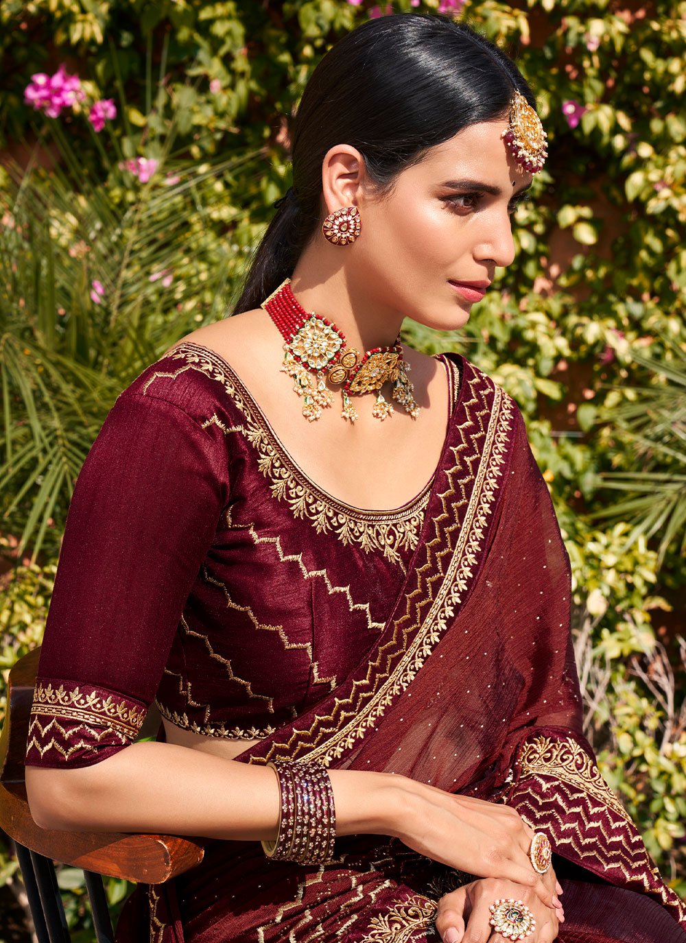 Contemporary Chiffon Maroon Swarovski Saree