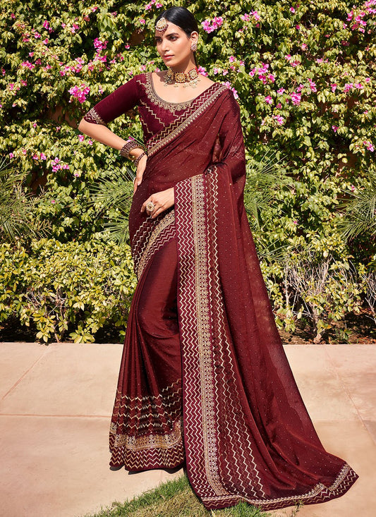 Contemporary Chiffon Maroon Swarovski Saree