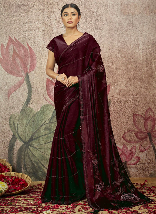 Trendy Saree Satin Silk Maroon Embroidered Saree