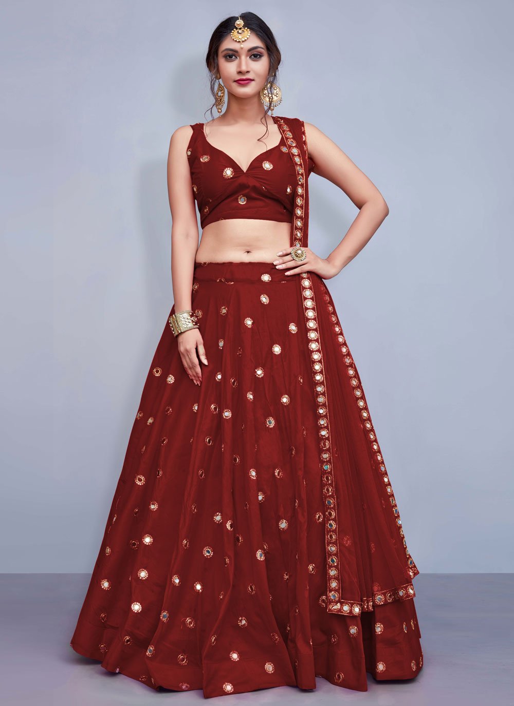 Lehenga Choli Tafeta Silk Maroon Embroidered Lehenga Choli