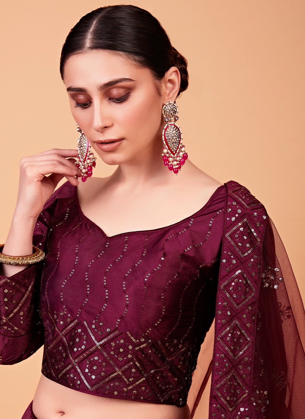 A Line Lehenga Silk Maroon Embroidered Lehenga Choli